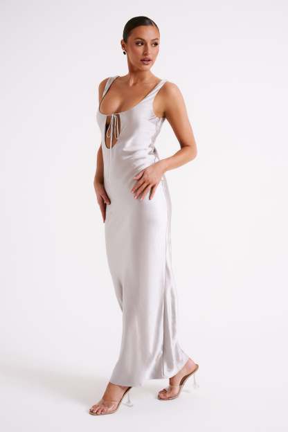 Aubrie Keyhole Satin Maxi Dress - Silver-My Chic Way.All Rights Reserved