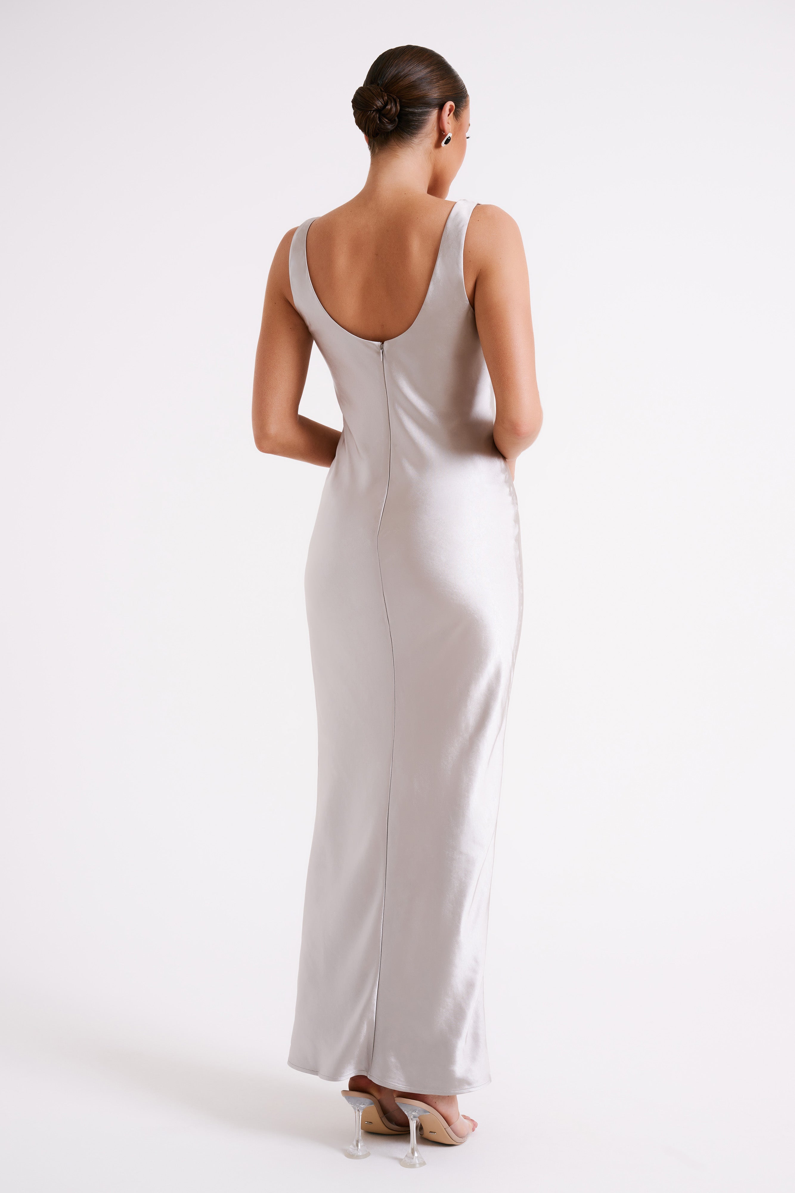 Aubrie Keyhole Satin Maxi Dress - Silver-My Chic Way.All Rights Reserved