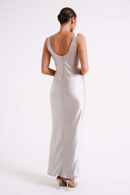 Aubrie Keyhole Satin Maxi Dress - Silver-My Chic Way.All Rights Reserved
