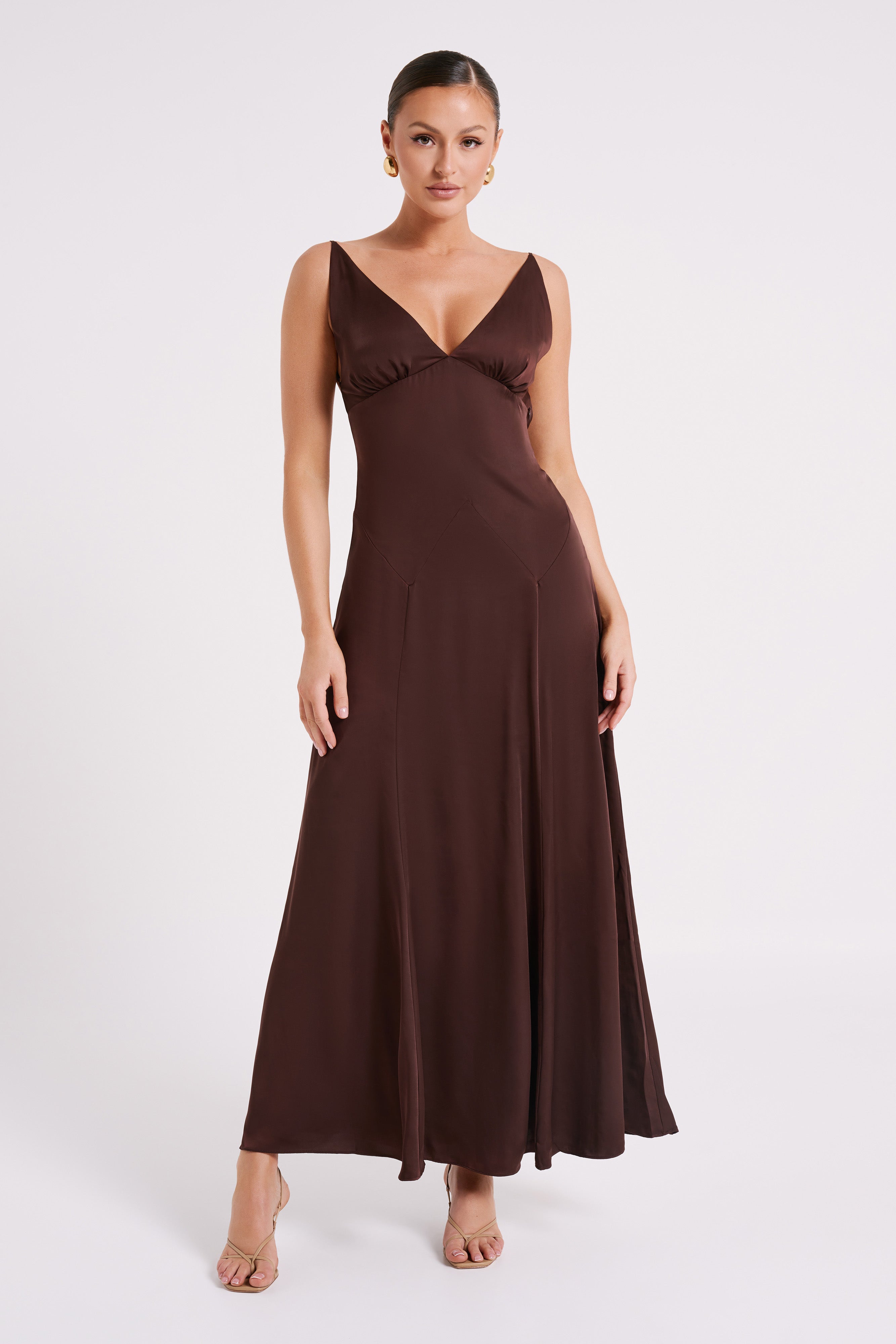 Kamala Low Back Satin Maxi Dress - Dark Chocolate-My Chic Way.All Rights Reserved