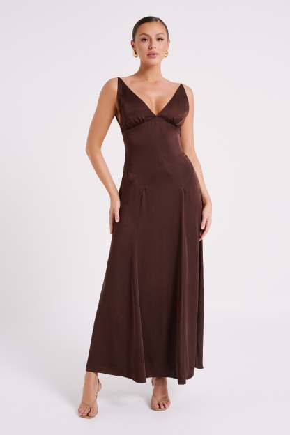 Kamala Low Back Satin Maxi Dress - Dark Chocolate-My Chic Way.All Rights Reserved
