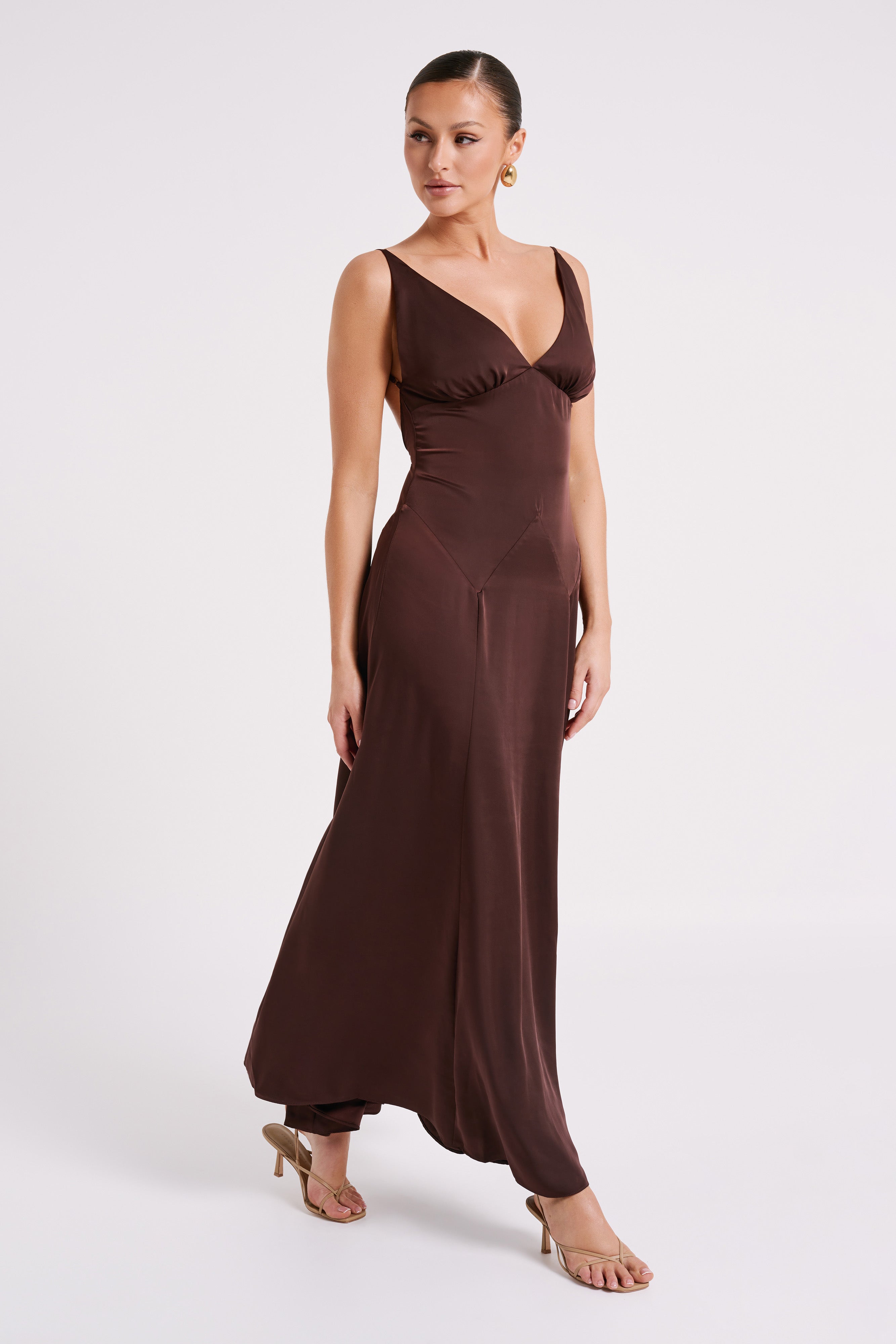 Kamala Low Back Satin Maxi Dress - Dark Chocolate-My Chic Way.All Rights Reserved