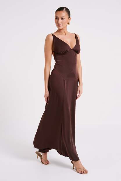 Kamala Low Back Satin Maxi Dress - Dark Chocolate-My Chic Way.All Rights Reserved