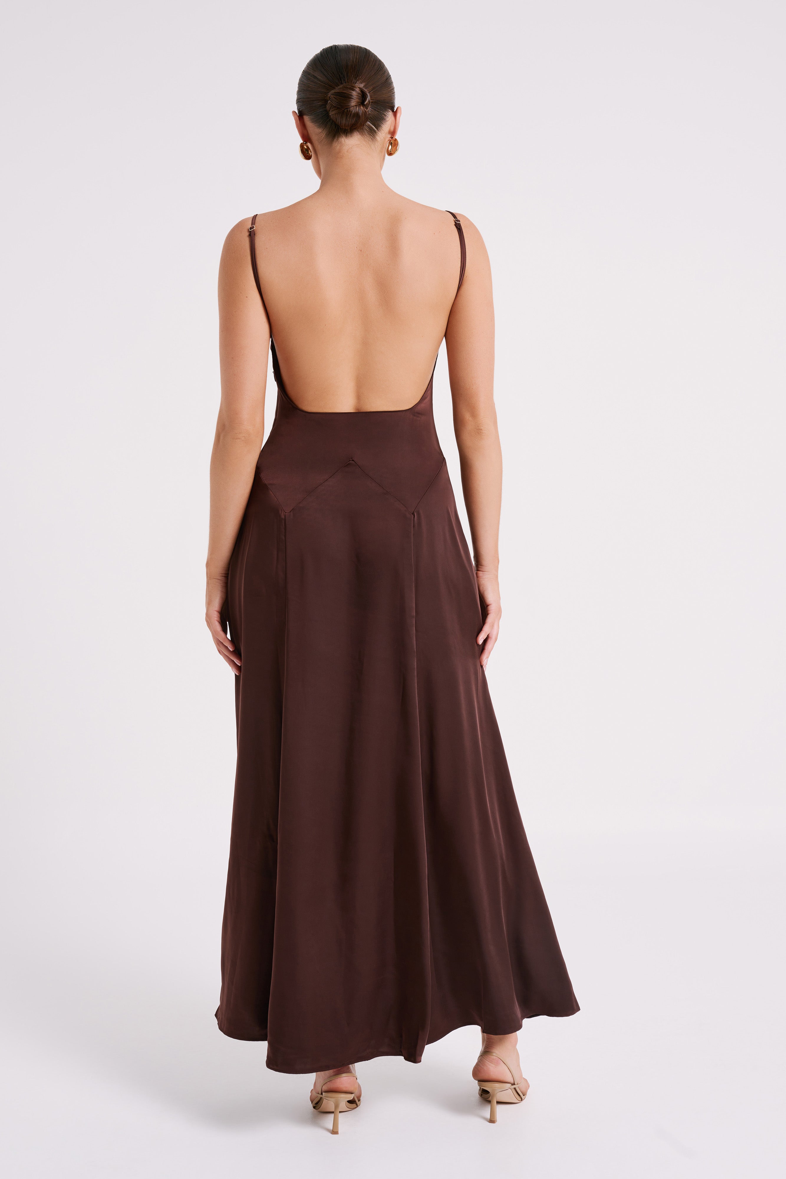 Kamala Low Back Satin Maxi Dress - Dark Chocolate-My Chic Way.All Rights Reserved