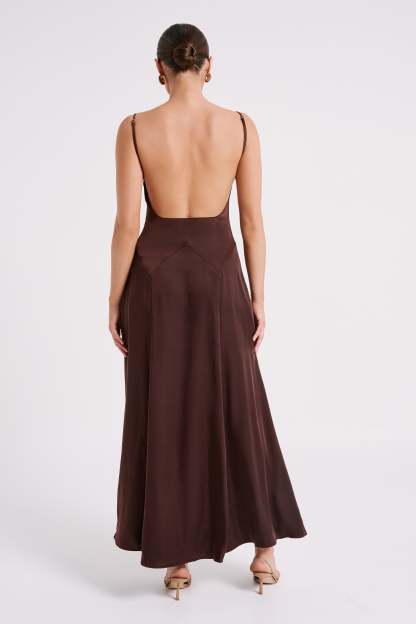 Kamala Low Back Satin Maxi Dress - Dark Chocolate-My Chic Way.All Rights Reserved