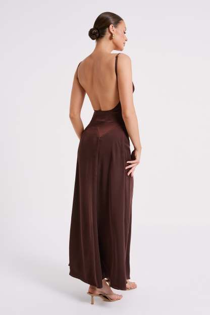 Kamala Low Back Satin Maxi Dress - Dark Chocolate-My Chic Way.All Rights Reserved