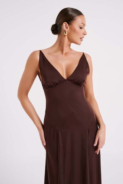 Kamala Low Back Satin Maxi Dress - Dark Chocolate-My Chic Way.All Rights Reserved