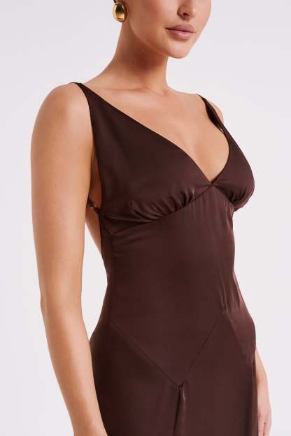 Kamala Low Back Satin Maxi Dress - Dark Chocolate-My Chic Way.All Rights Reserved