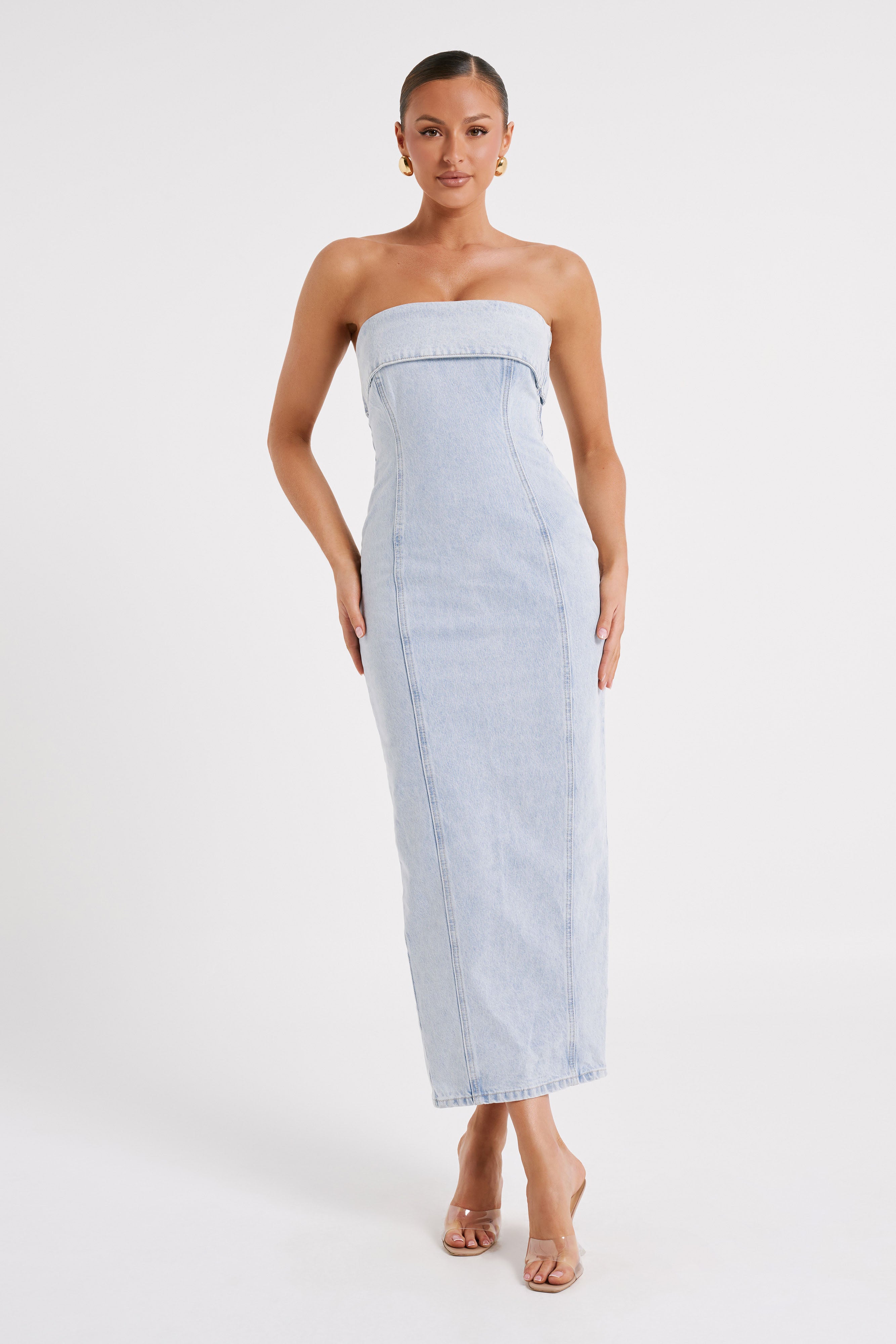 Katherine Strapless Denim Midi Dress - Light Blue-My Chic Way.All Rights Reserved