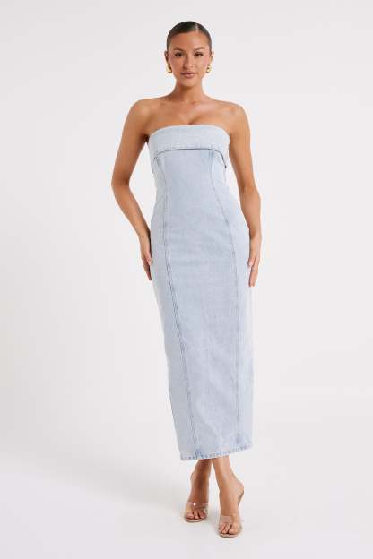 Katherine Strapless Denim Midi Dress - Light Blue-My Chic Way.All Rights Reserved