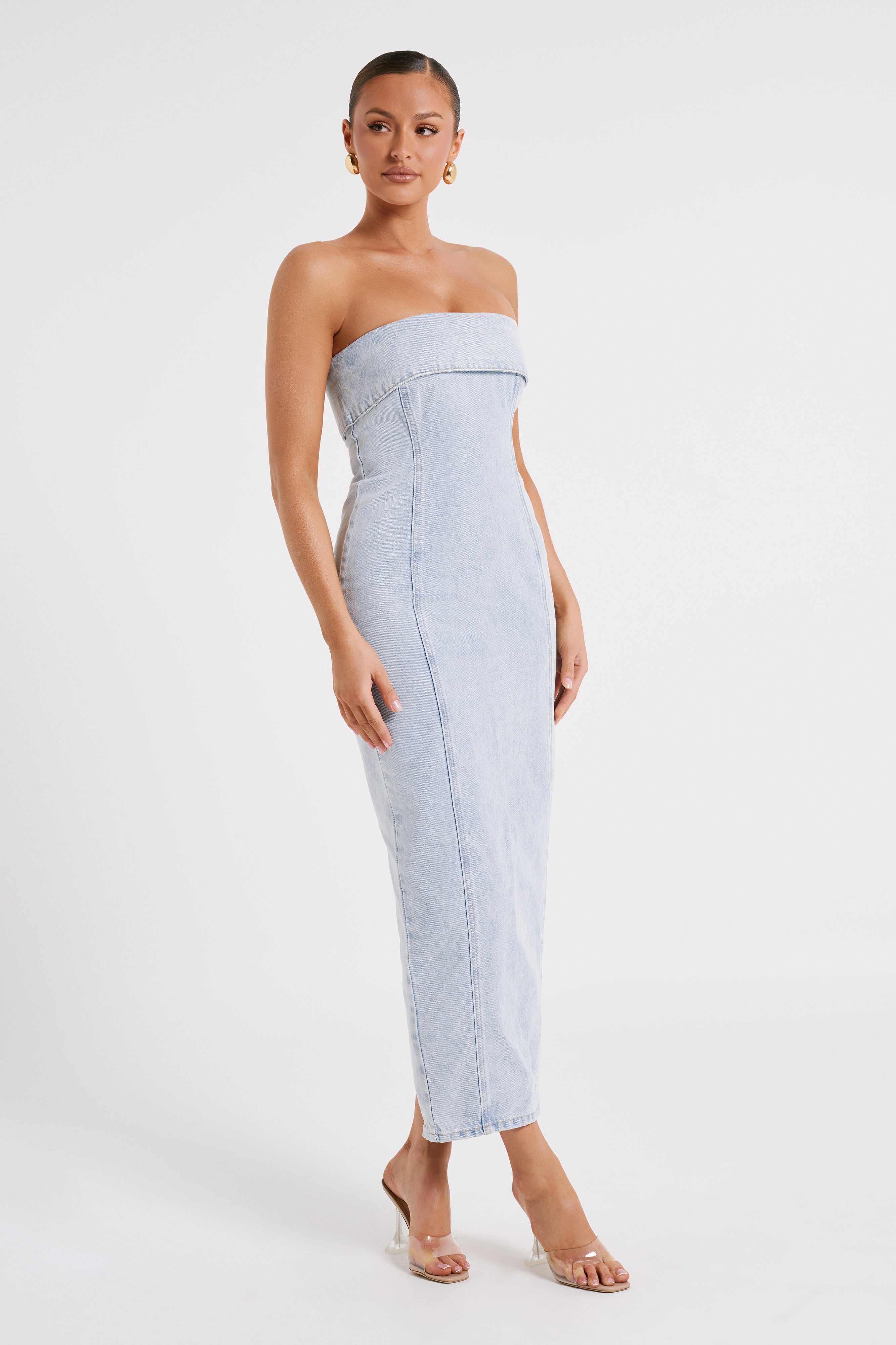 Katherine Strapless Denim Midi Dress - Light Blue-My Chic Way.All Rights Reserved
