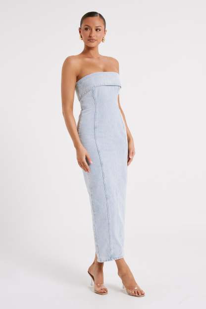 Katherine Strapless Denim Midi Dress - Light Blue-My Chic Way.All Rights Reserved