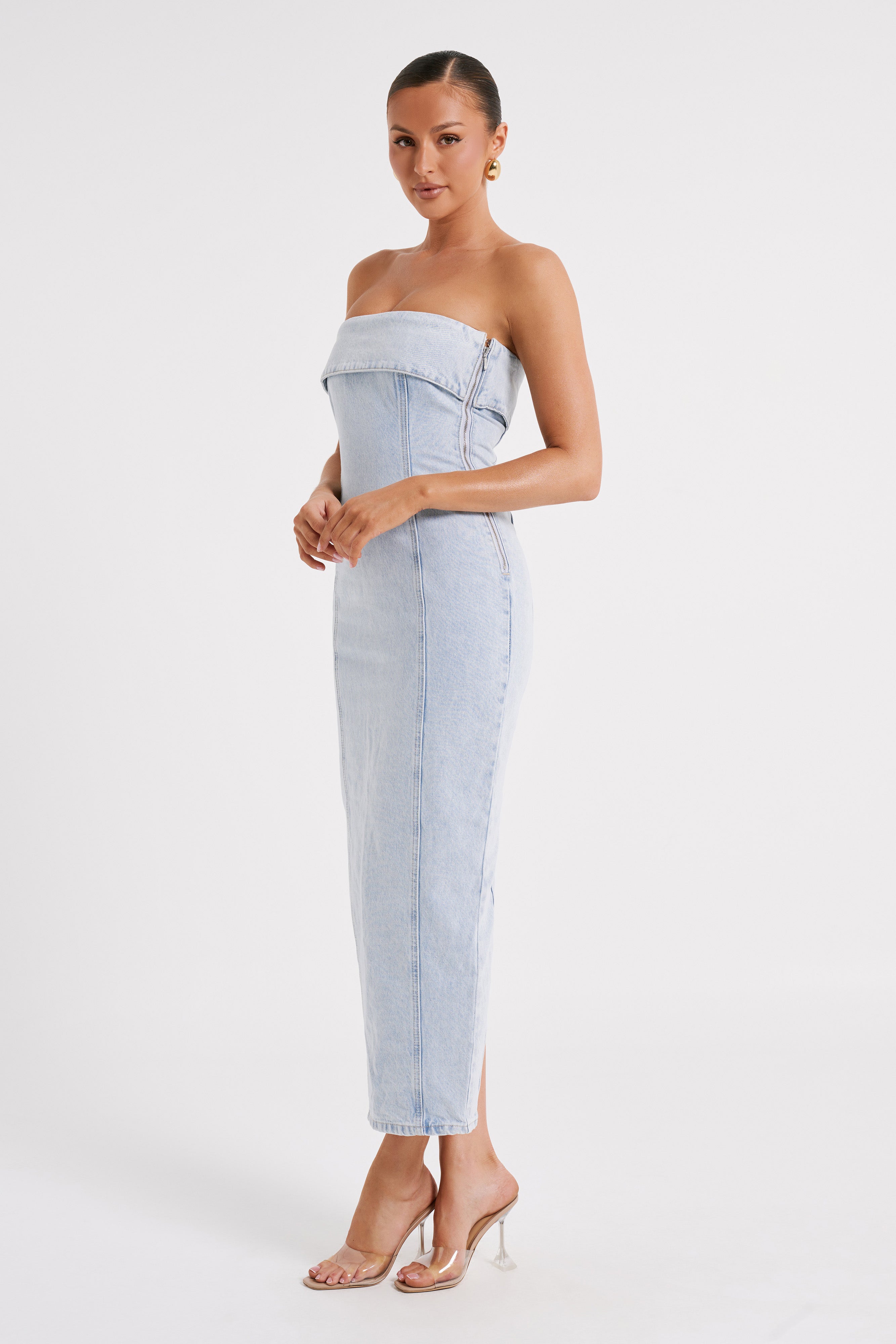 Katherine Strapless Denim Midi Dress - Light Blue-My Chic Way.All Rights Reserved