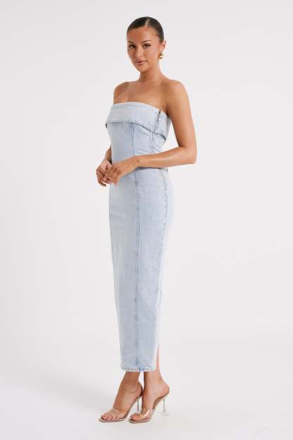 Katherine Strapless Denim Midi Dress - Light Blue-My Chic Way.All Rights Reserved