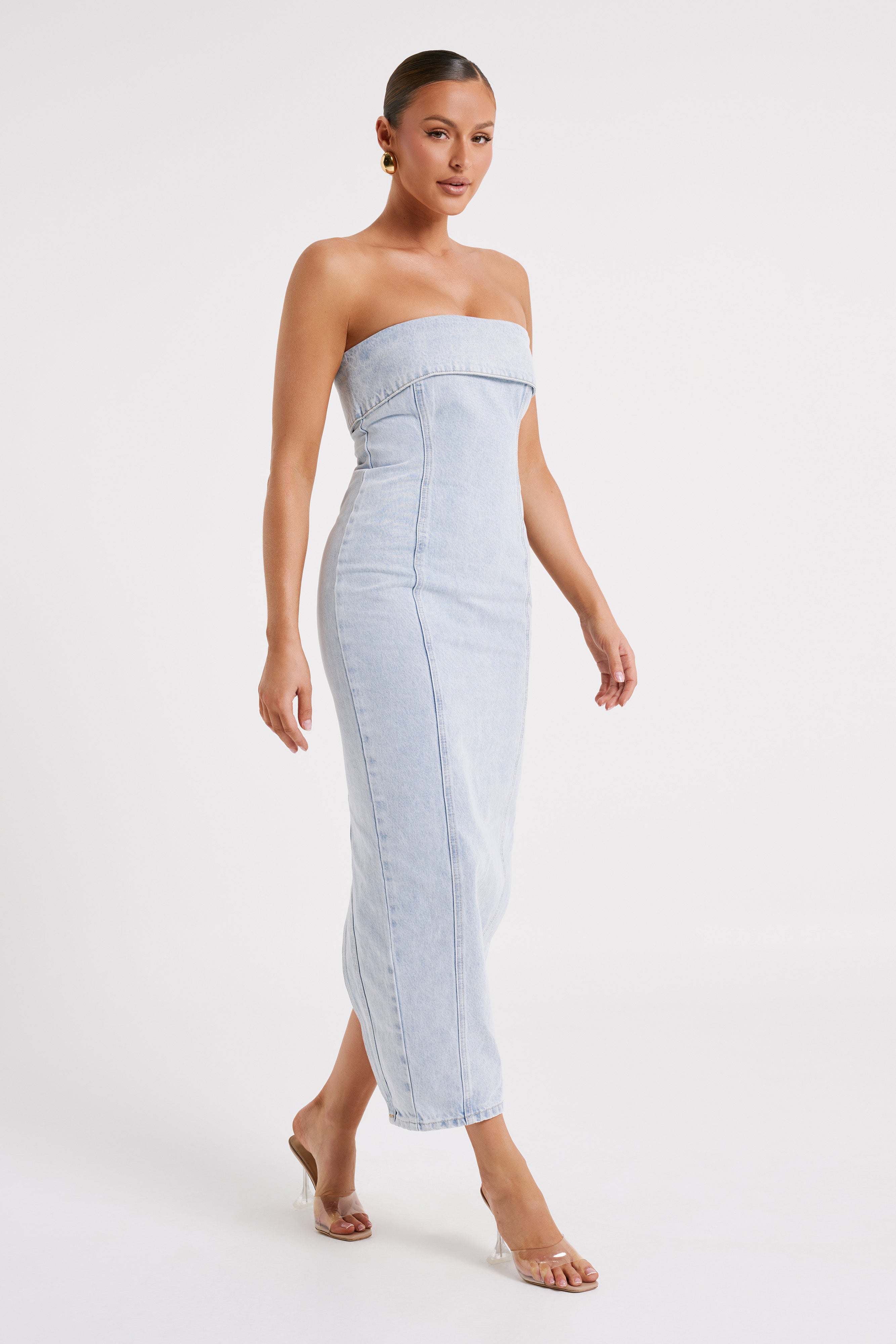Katherine Strapless Denim Midi Dress - Light Blue-My Chic Way.All Rights Reserved