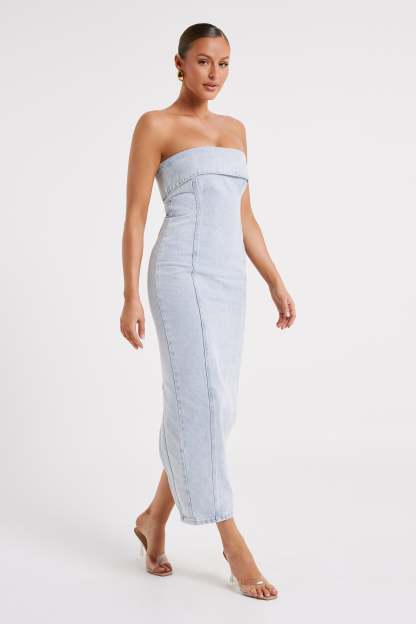 Katherine Strapless Denim Midi Dress - Light Blue-My Chic Way.All Rights Reserved
