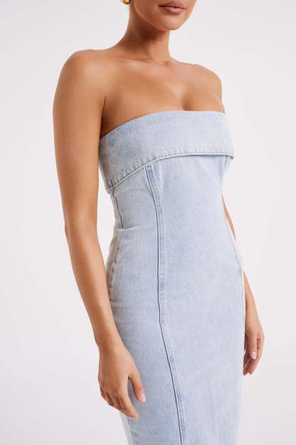 Katherine Strapless Denim Midi Dress - Light Blue-My Chic Way.All Rights Reserved
