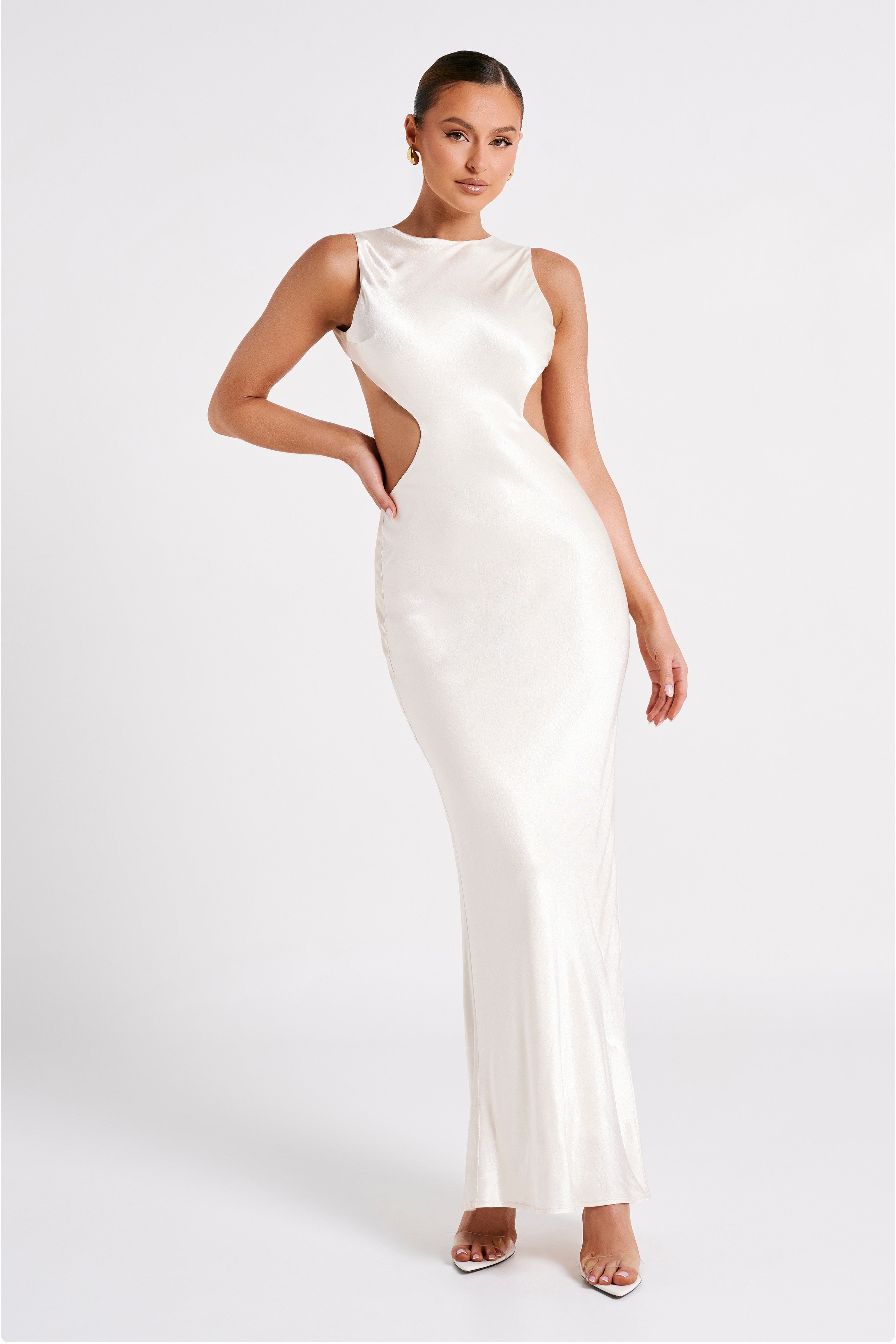Electra Satin Cut Out Maxi Dress - Ivory-My Chic Way.All Rights Reserved