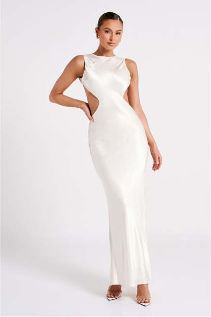 Electra Satin Cut Out Maxi Dress - Ivory-My Chic Way.All Rights Reserved