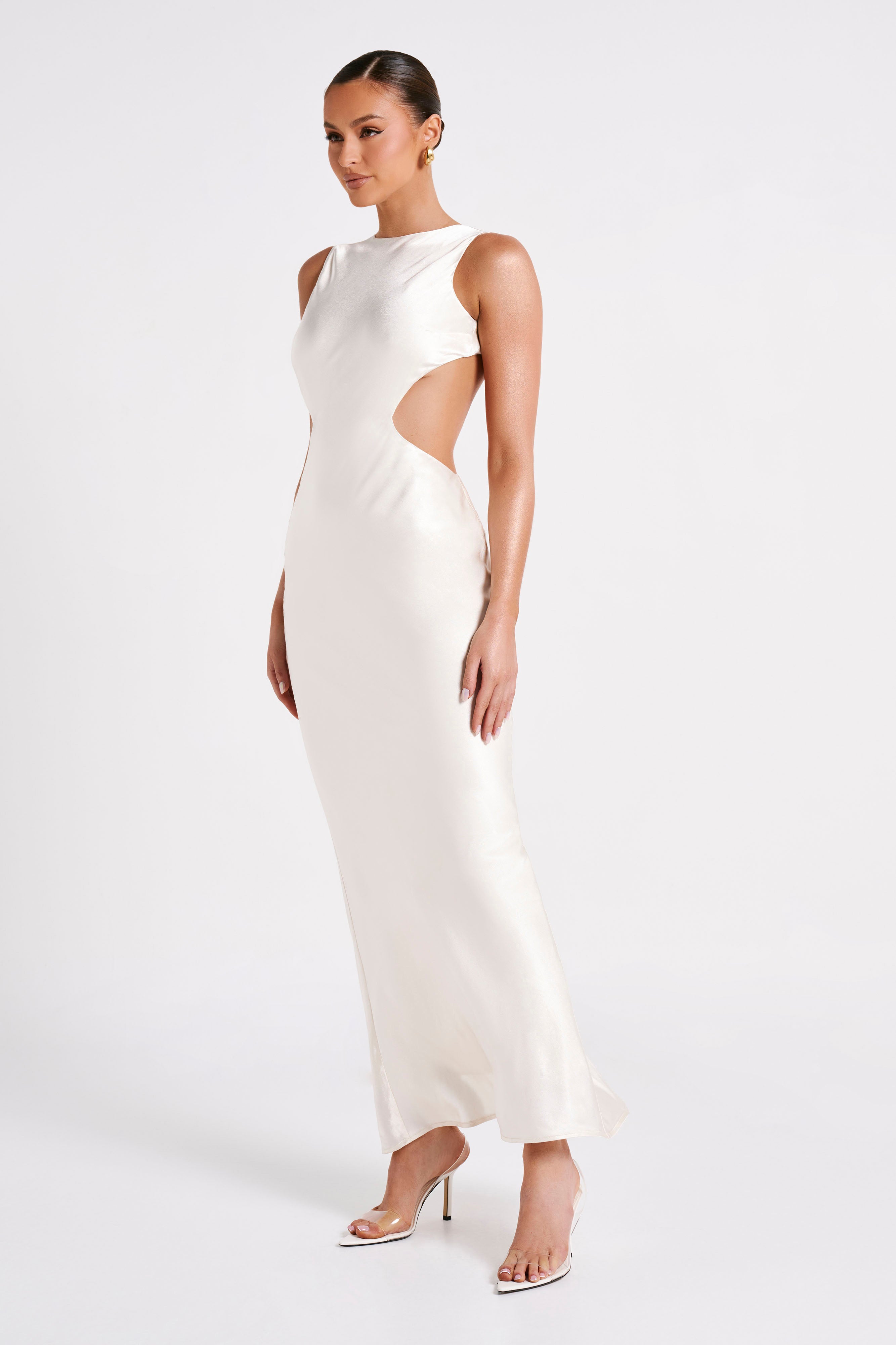 Electra Satin Cut Out Maxi Dress - Ivory-My Chic Way.All Rights Reserved