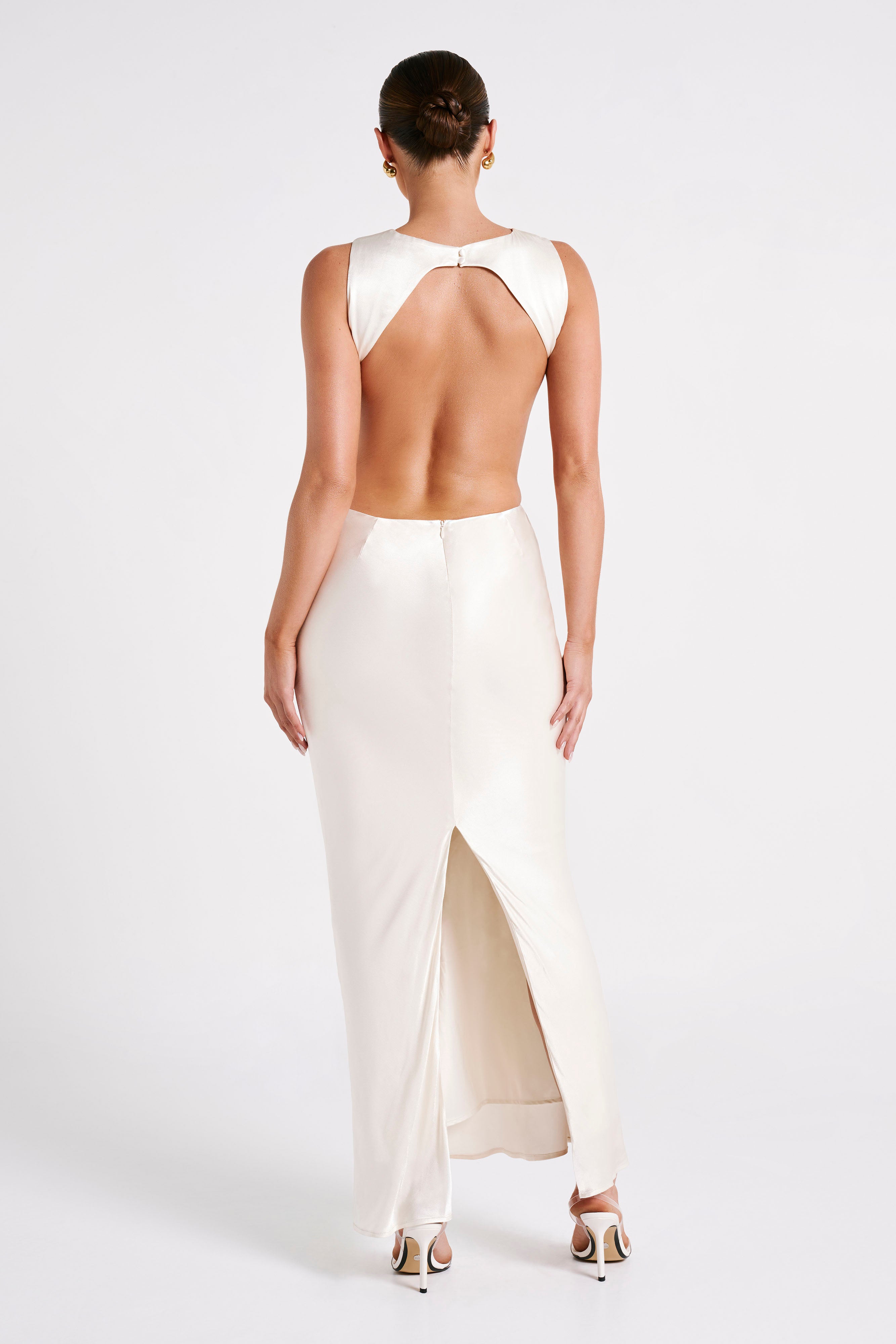 Electra Satin Cut Out Maxi Dress - Ivory-My Chic Way.All Rights Reserved