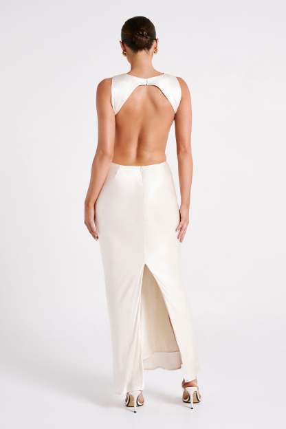Electra Satin Cut Out Maxi Dress - Ivory-My Chic Way.All Rights Reserved