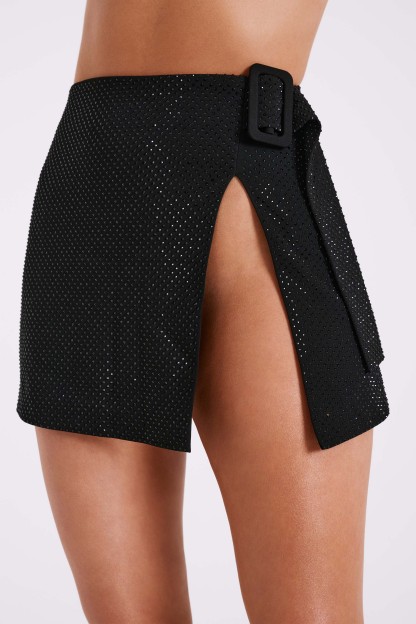 Sacha Diamante Mini Skirt With Split - Black-My Chic Way.All Rights Reserved