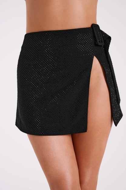 Sacha Diamante Mini Skirt With Split - Black-My Chic Way.All Rights Reserved