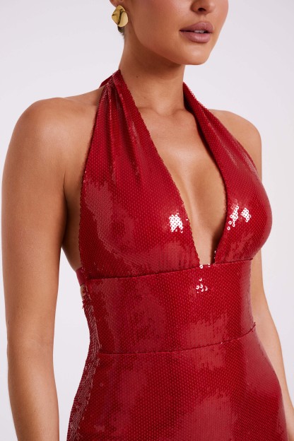 Carleigh Sequin Halter Mini Dress - Red-My Chic Way.All Rights Reserved