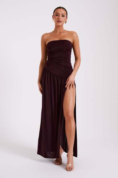 Bex Strapless Slinky Maxi Dress With Split - Burgundy-My Chic Way.All Rights Reserved
