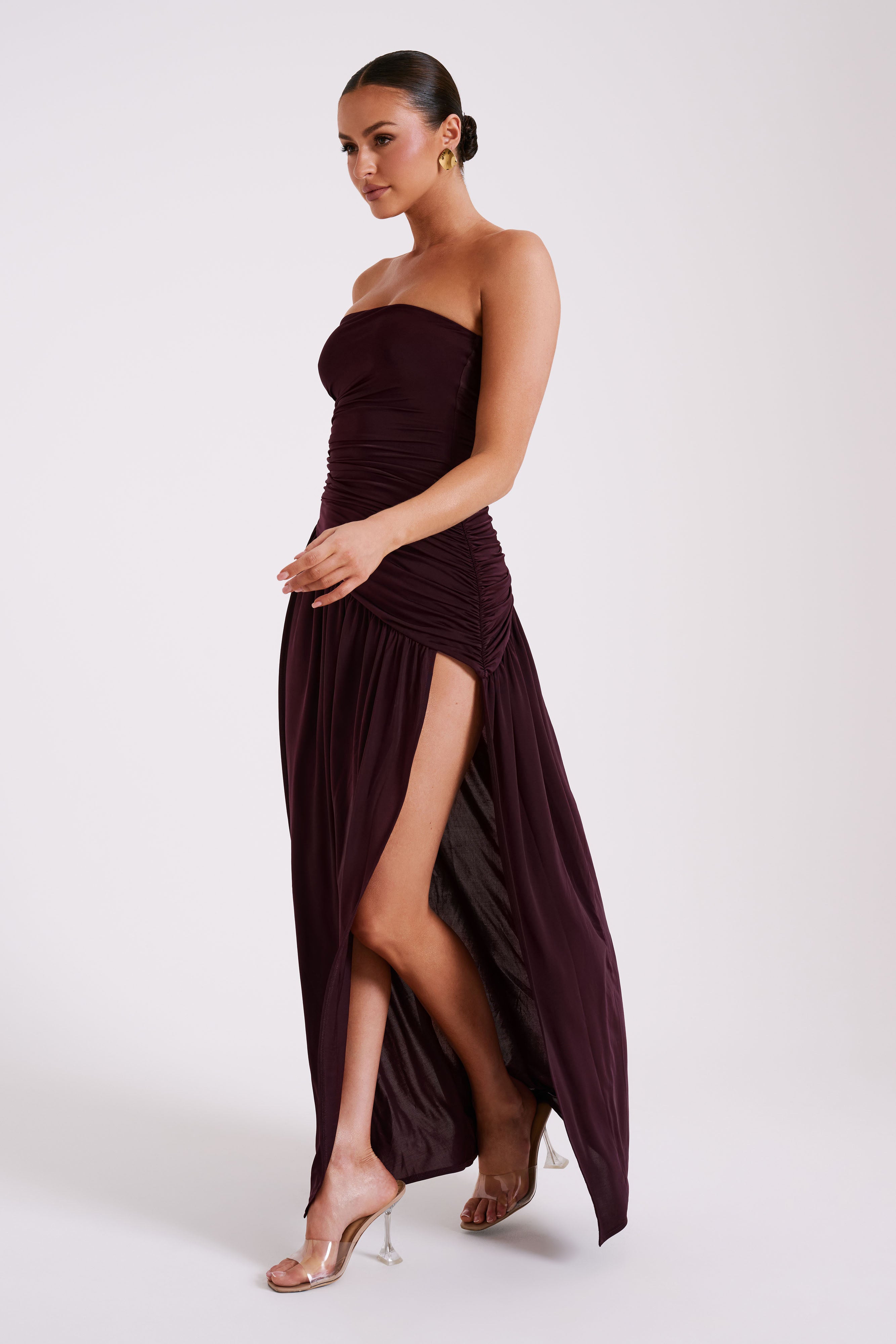 Bex Strapless Slinky Maxi Dress With Split - Burgundy-My Chic Way.All Rights Reserved