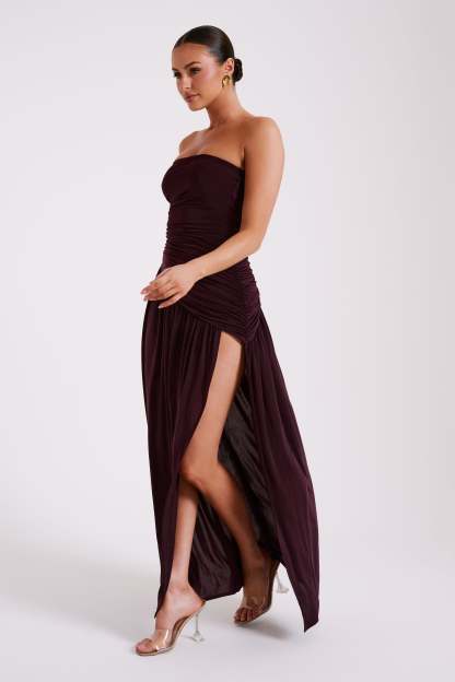 Bex Strapless Slinky Maxi Dress With Split - Burgundy-My Chic Way.All Rights Reserved