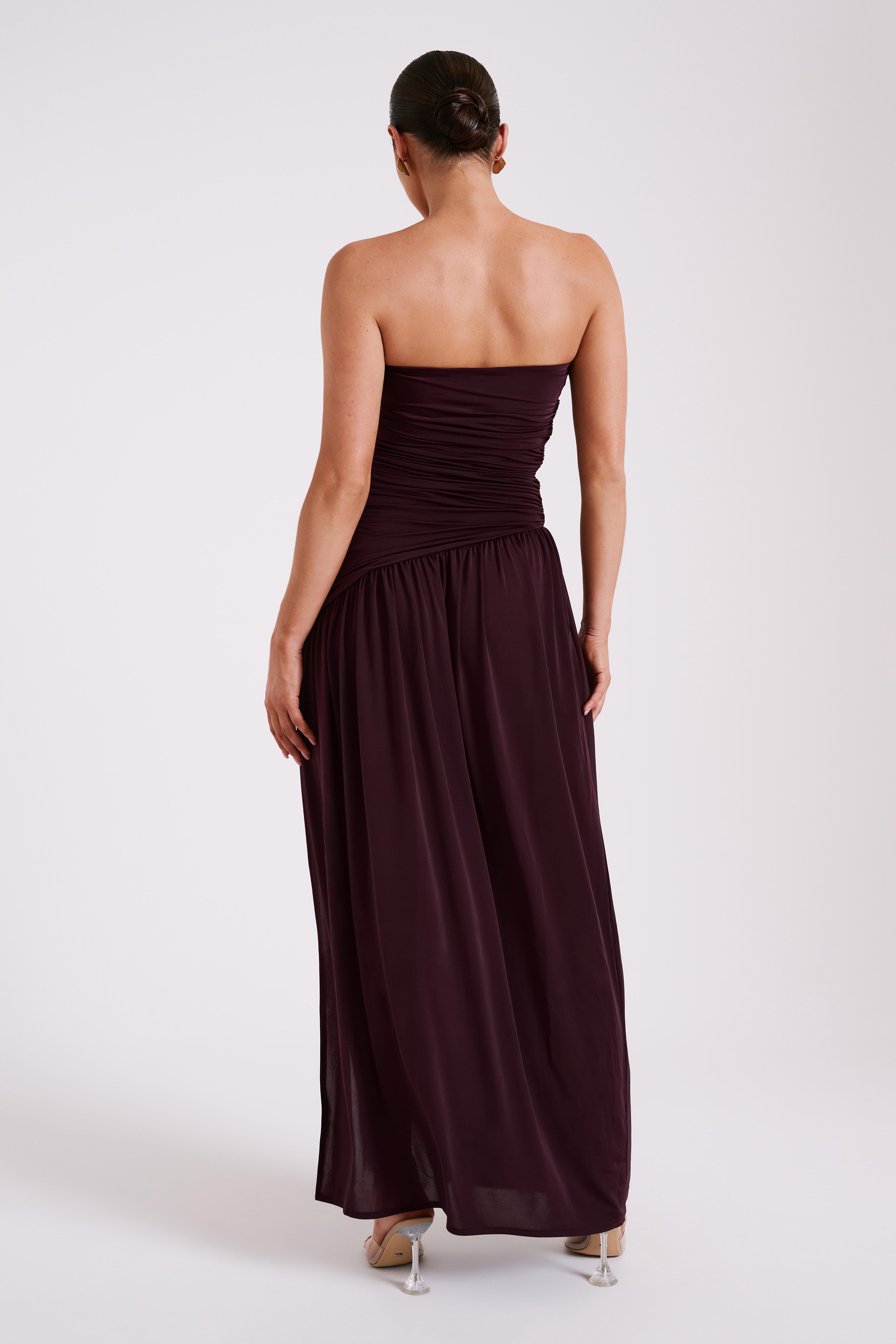 Bex Strapless Slinky Maxi Dress With Split - Burgundy-My Chic Way.All Rights Reserved