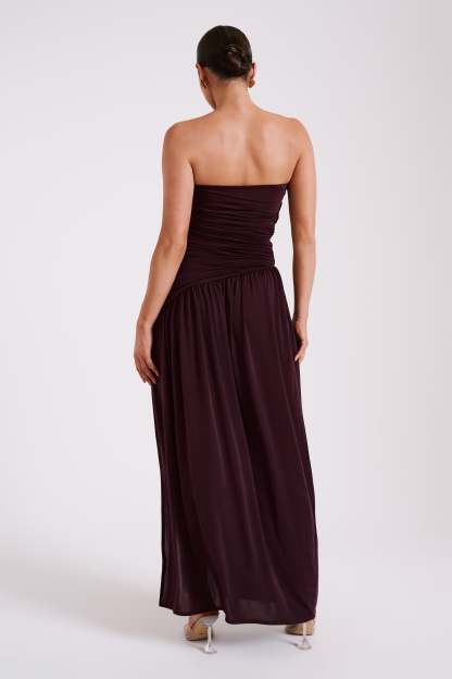 Bex Strapless Slinky Maxi Dress With Split - Burgundy-My Chic Way.All Rights Reserved