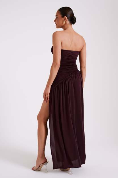 Bex Strapless Slinky Maxi Dress With Split - Burgundy-My Chic Way.All Rights Reserved