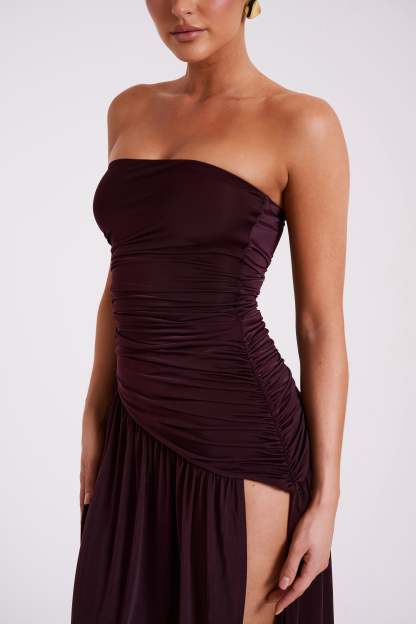 Bex Strapless Slinky Maxi Dress With Split - Burgundy-My Chic Way.All Rights Reserved