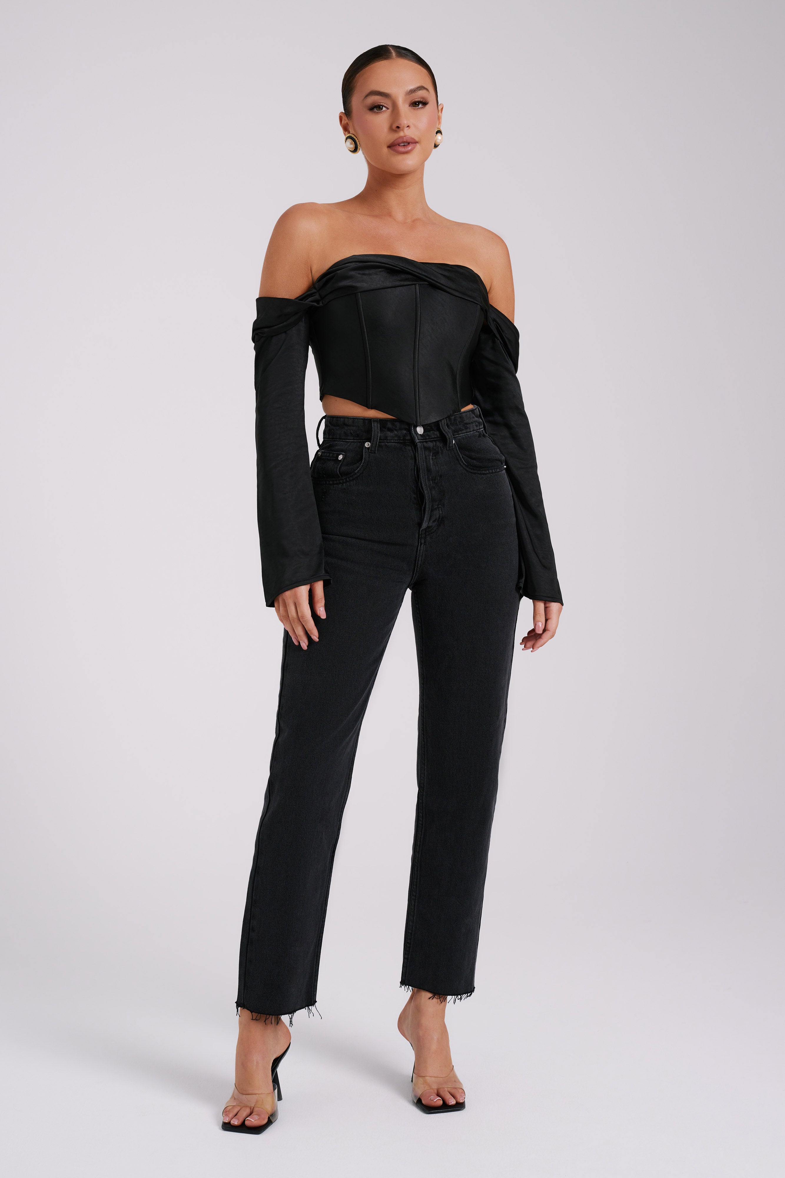 Giselle Satin Off Shoulder Top - Black-My Chic Way.All Rights Reserved