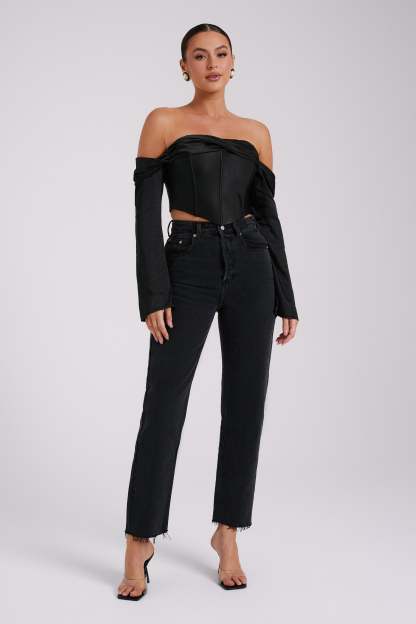 Giselle Satin Off Shoulder Top - Black-My Chic Way.All Rights Reserved