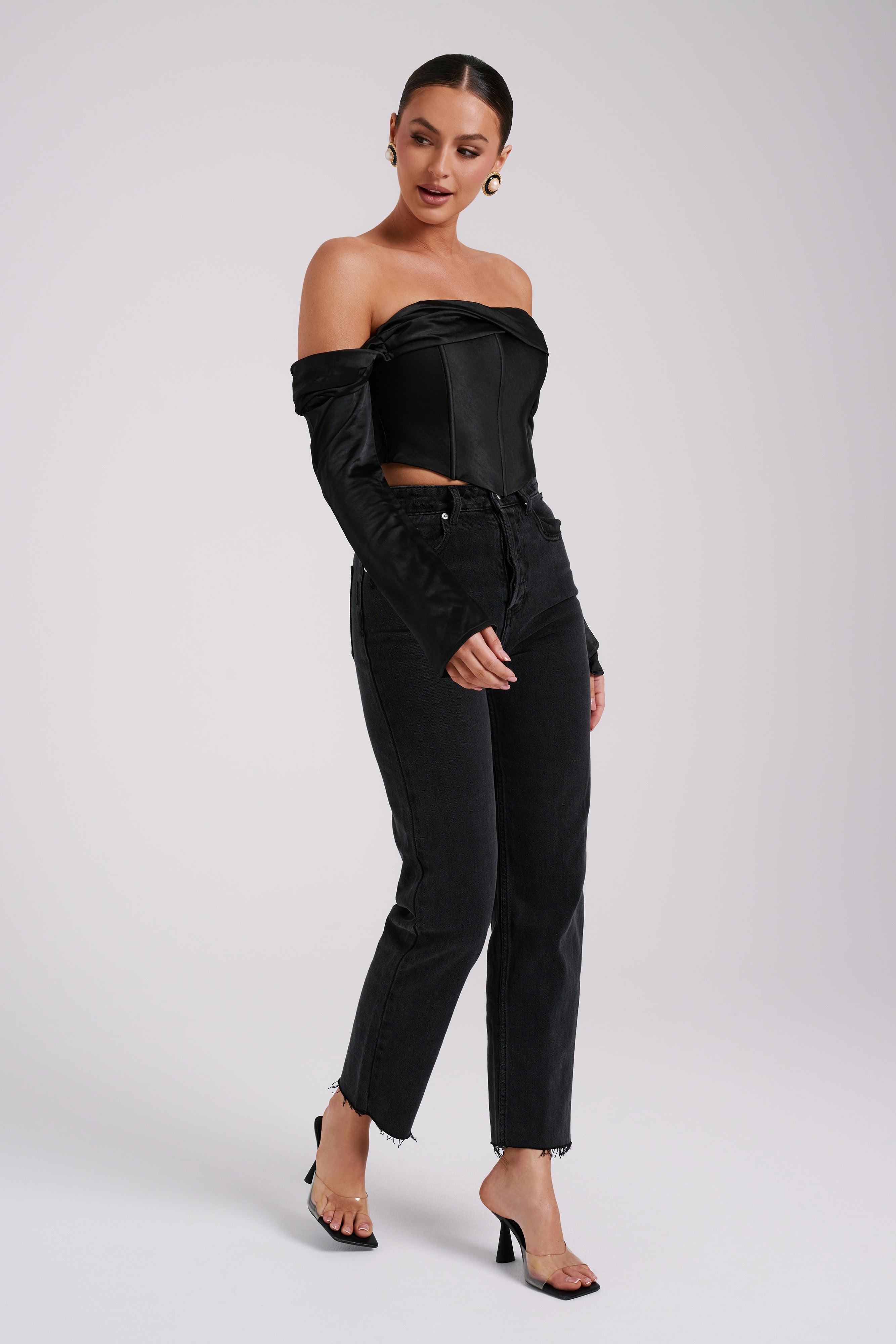 Giselle Satin Off Shoulder Top - Black-My Chic Way.All Rights Reserved