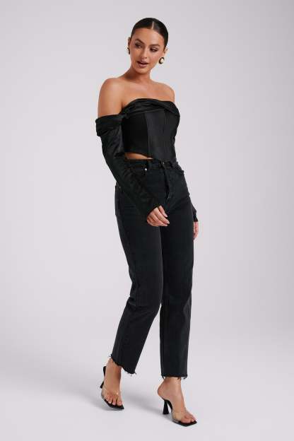 Giselle Satin Off Shoulder Top - Black-My Chic Way.All Rights Reserved