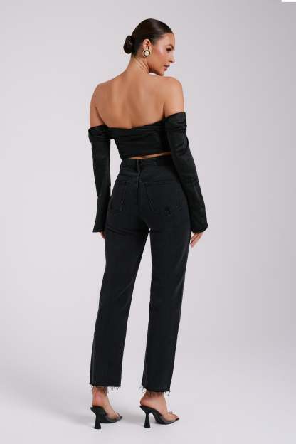 Giselle Satin Off Shoulder Top - Black-My Chic Way.All Rights Reserved