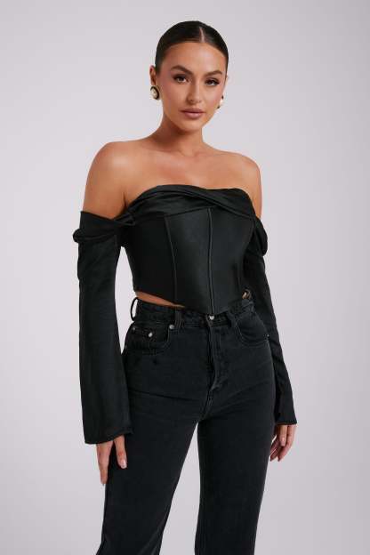 Giselle Satin Off Shoulder Top - Black-My Chic Way.All Rights Reserved