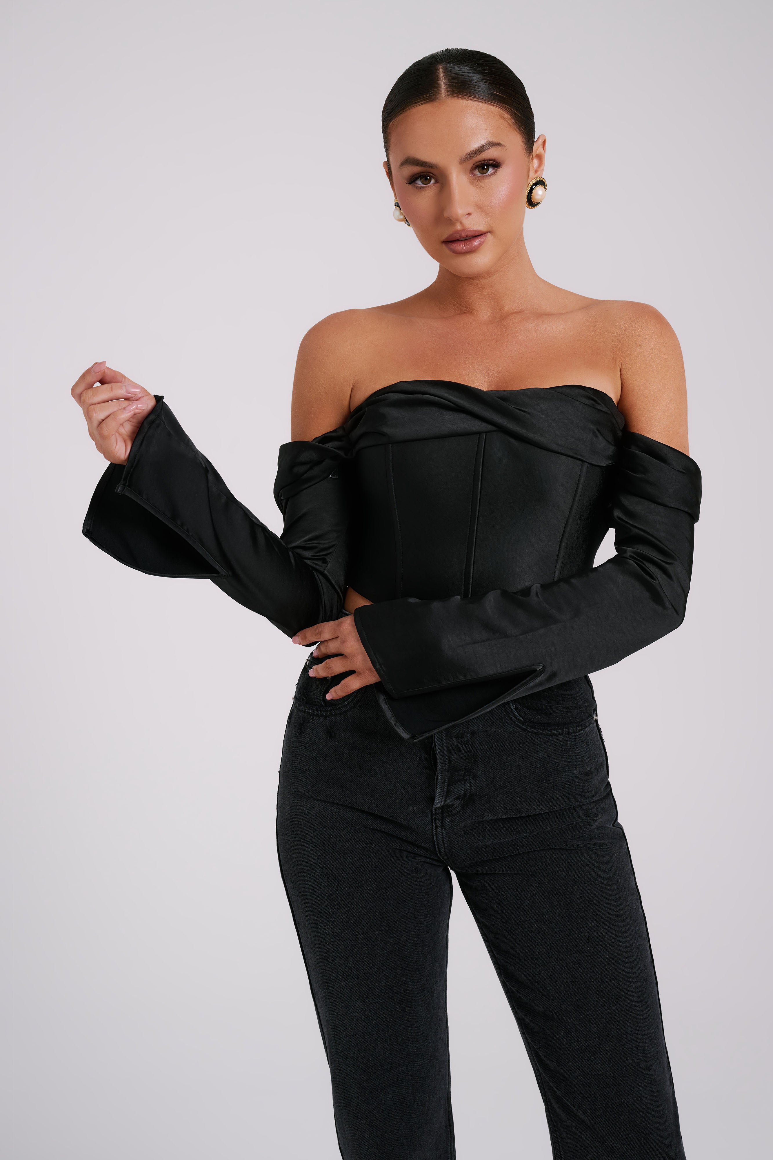 Giselle Satin Off Shoulder Top - Black-My Chic Way.All Rights Reserved
