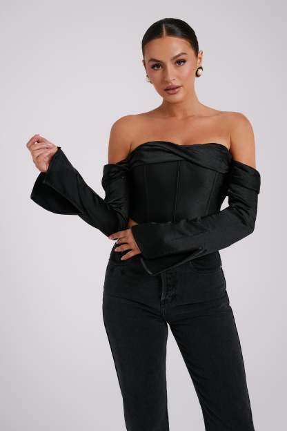 Giselle Satin Off Shoulder Top - Black-My Chic Way.All Rights Reserved