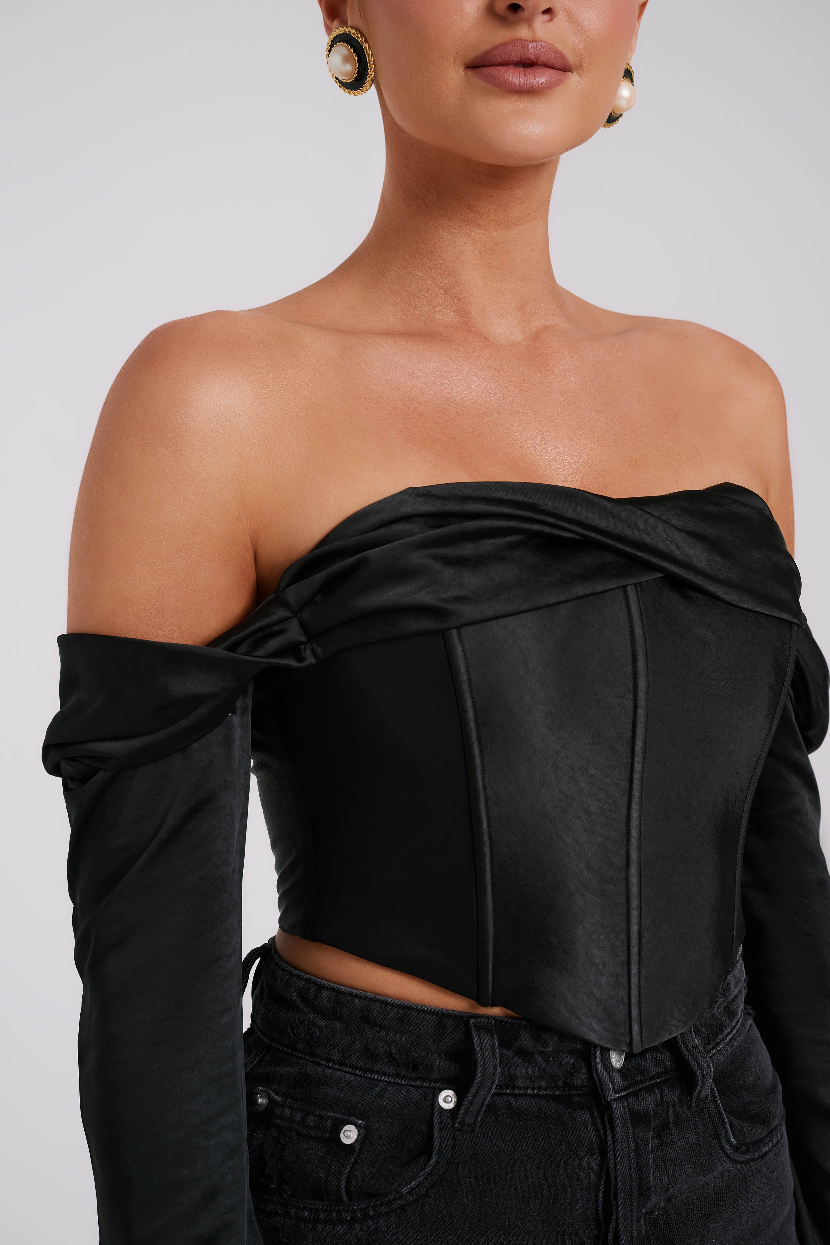 Giselle Satin Off Shoulder Top - Black-My Chic Way.All Rights Reserved