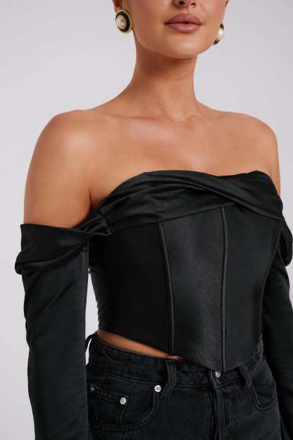 Giselle Satin Off Shoulder Top - Black-My Chic Way.All Rights Reserved