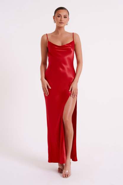 Jade Cowl Neck Backless Maxi Dress - Red-My Chic Way.All Rights Reserved