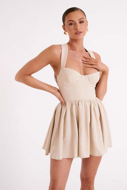 Loz Tie Back Linen Mini Dress - Natural-My Chic Way.All Rights Reserved