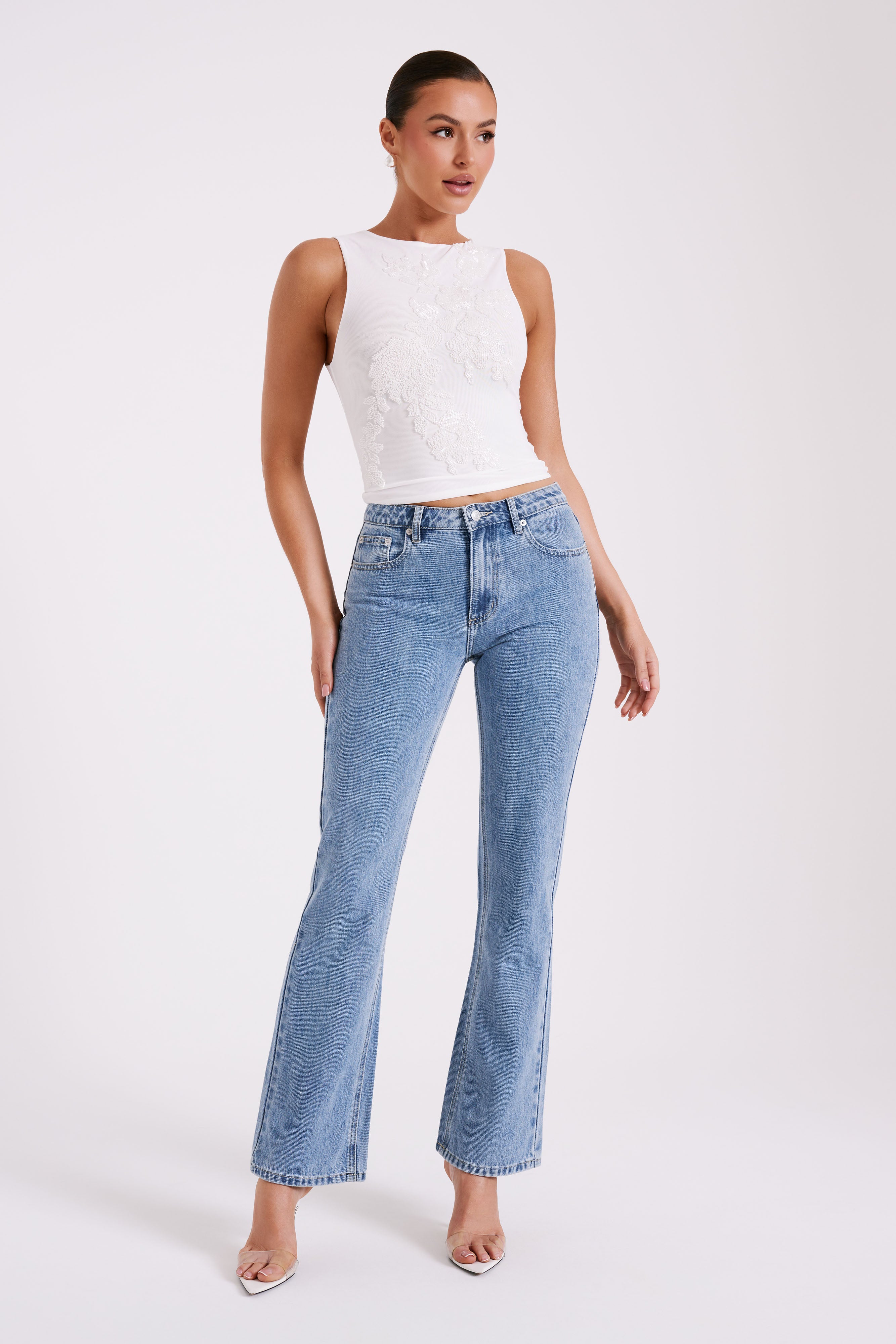 Luci Beaded Flower Mesh Top - White-My Chic Way.All Rights Reserved