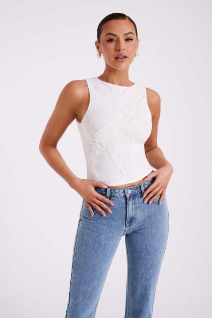 Luci Beaded Flower Mesh Top - White-My Chic Way.All Rights Reserved